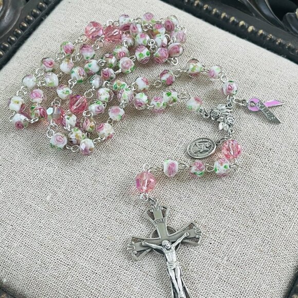 Breast Cancer Survivor Catholic Rosary - Sterling Silver - Picture 3 of 8